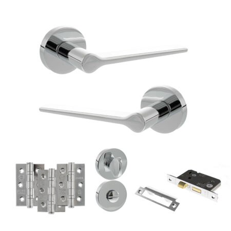 Atlantic Senza Pari Laviano Door Handle Pack (Bathroom Set - 3" CE Bathroom Lock, 3" Fire Rated Hinges x3) - Polished Chrome