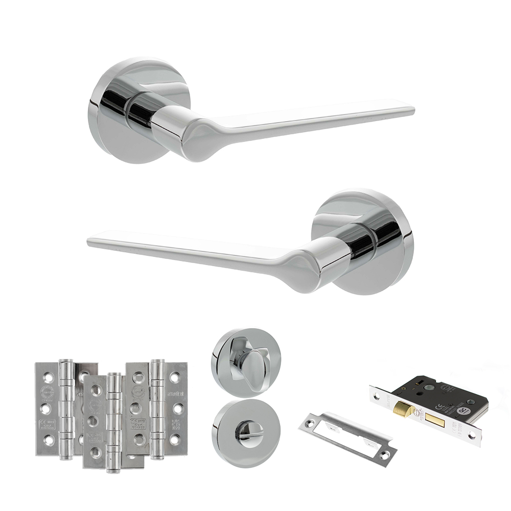 ADPSPR180PC9_SENZA20PARI20LAVIANO20POLISHED20CHROME.jpg Atlantic Senza Pari Laviano Door Handle Pack (Bathroom Set - 3" CE Bathroom Lock, 3" Fire Rated Hinges x3) - Polished Chrome - Image 1