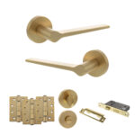Atlantic Senza Pari Laviano Door Handle Pack (Bathroom Set - 3" CE Bathroom Lock, 4" Fire Rated Hinges x3) - Satin Brass