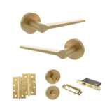 Atlantic Senza Pari Laviano Door Handle Pack (Bathroom Set - 2.5" CE Bathroom Lock, 4" Slim Knuckle Hinges x2) - Satin Brass