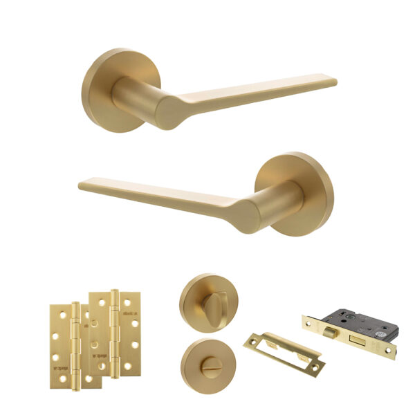 Atlantic Senza Pari Laviano Door Handle Pack (Bathroom Set - 3" CE Bathroom Lock, 4" Slim Knuckle Hinges x2) - Satin Brass