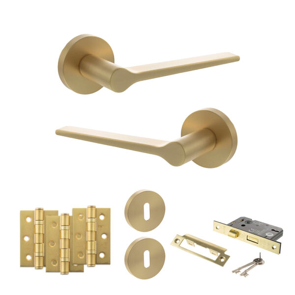 Atlantic Senza Pari Laviano Door Handle Pack (3 Lever Lock Set - 3" CE Sashlock, 3" Fire Rated Hinges x3) - Satin Brass