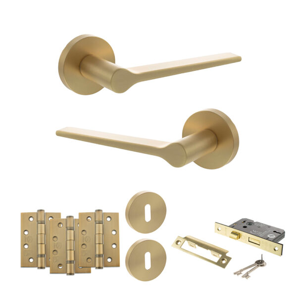 Atlantic Senza Pari Laviano Door Handle Pack (3 Lever Lock Set - 2.5" CE Sashlock, 4" Fire Rated Hinges x3) - Satin Brass