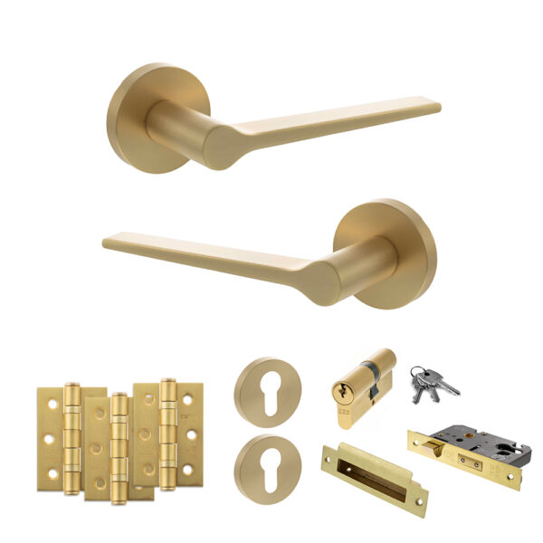 Atlantic Senza Pari Laviano Door Handle Pack (Euro Lock Set - 3" CE Sashlock, 3" Fire Rated Hinges x3) - Satin Brass