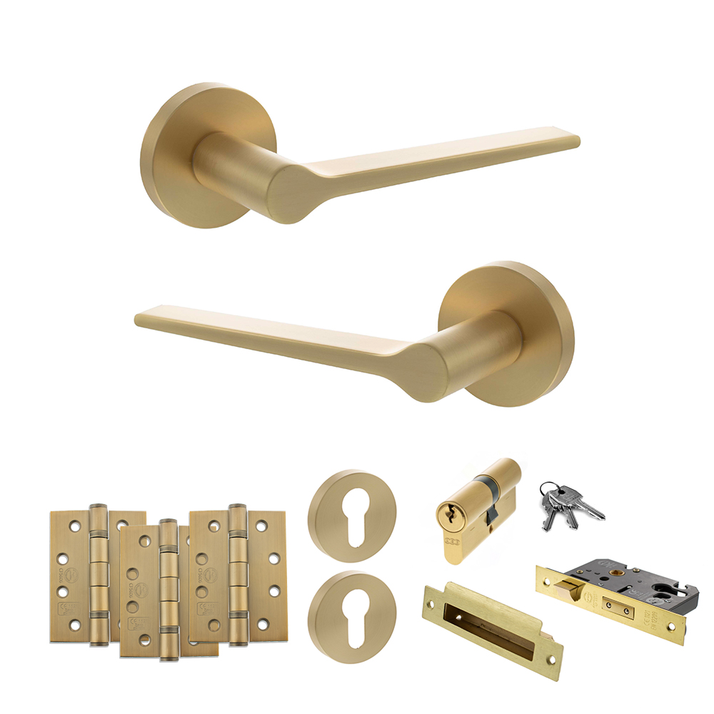 ADPSPR180SB23_SENZA20PARI20LAVIANO20SATIN20BRASS.jpg Atlantic Senza Pari Laviano Door Handle Pack (Euro Lock Set - 3" CE Sashlock, 4" Fire Rated Hinges x3) - Satin Brass - Image 1