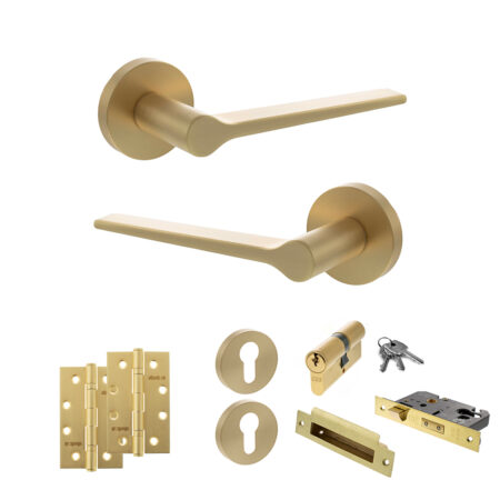 Atlantic Senza Pari Laviano Door Handle Pack (Euro Lock Set - 3" CE Sashlock, 4" Slim Knuckle Hinges x2) - Satin Brass