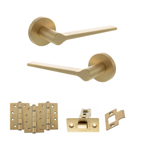 Atlantic Senza Pari Laviano Door Handle Pack (Latch Set - 2.5" CE Latch, 4" Fire Rated Hinges x3) - Satin Brass