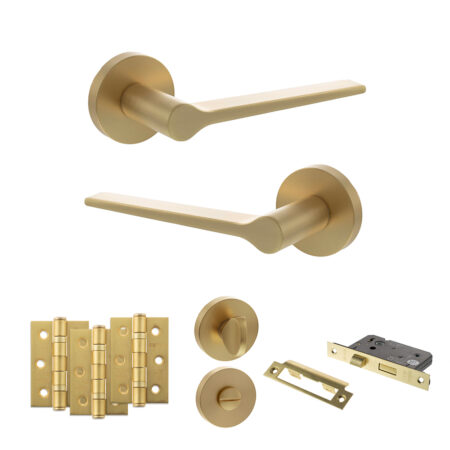 Atlantic Senza Pari Laviano Door Handle Pack (Bathroom Set - 3" CE Bathroom Lock, 3" Fire Rated Hinges x3) - Satin Brass