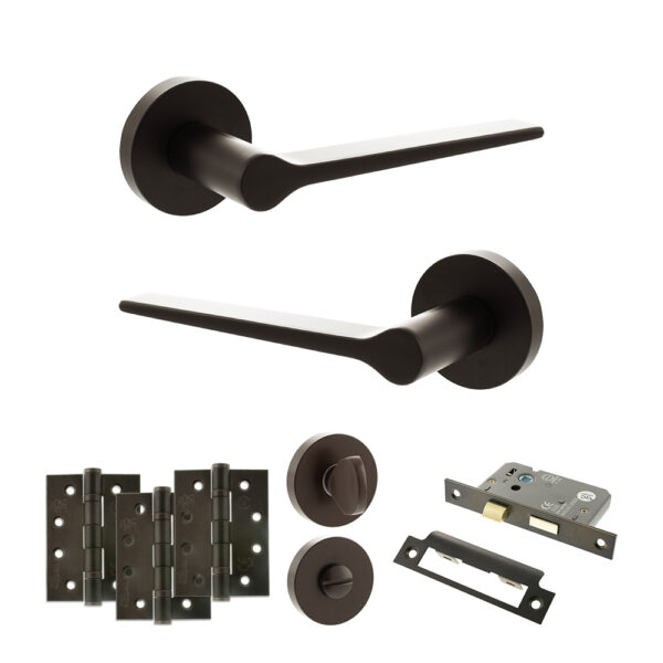 Atlantic Senza Pari Laviano Door Handle Pack (Bathroom Set - 3" CE Bathroom Lock, 4" Fire Rated Hinges x3) - Urban Dark Bronze