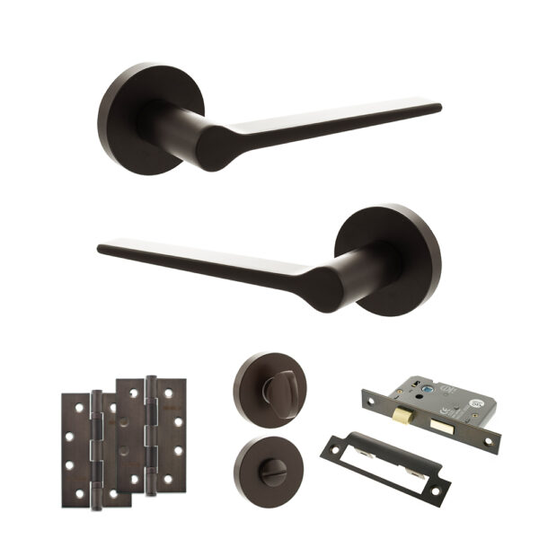 Atlantic Senza Pari Laviano Door Handle Pack (Bathroom Set - 2.5" CE Bathroom Lock, 4" Slim Knuckle Hinges x2) - Urban Dark Bronze
