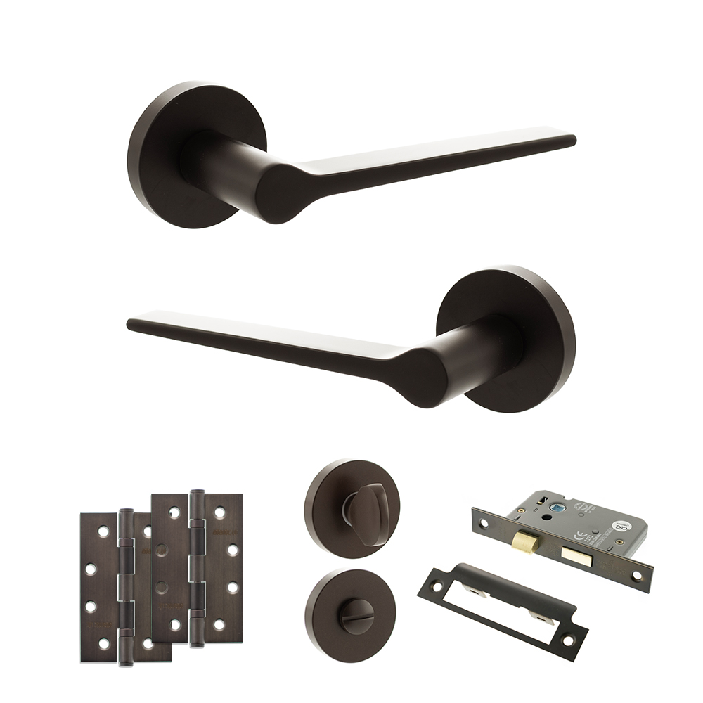 ADPSPR180UDB12_SENZA20PARI20LAVIANO20URBAN20DARK20BRONZE.jpg Atlantic Senza Pari Laviano Door Handle Pack (Bathroom Set - 2.5" CE Bathroom Lock, 4" Slim Knuckle Hinges x2) - Urban Dark Bronze - Image 1