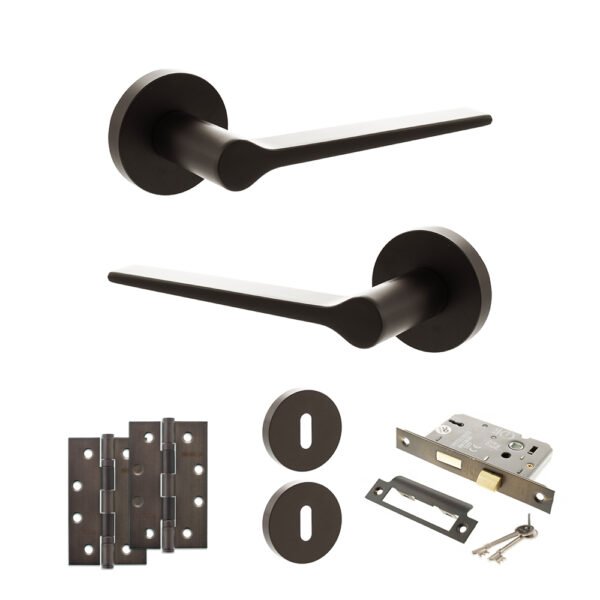Senza Pari Laviano Door Handle Pack (3 Lever Lock Set - 2.5" CE Sashlock, 4" Slim Knuckle Hinges x2) - Urban Dark Bronze