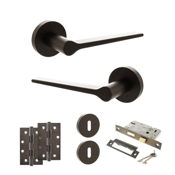 Atlantic Senza Pari Laviano Door Handle Pack (3 Lever Lock Set - 3" CE Sashlock, 4" Slim Knuckle Hinges x2) - Urban Dark Bronze