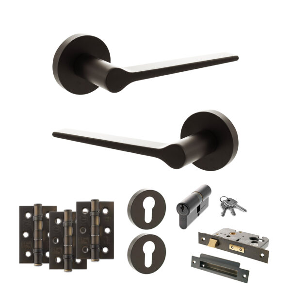 Atlantic Senza Pari Laviano Door Handle Pack (Euro Lock Set - 2.5" CE Sashlock, 3" Fire Rated Hinges x3) - Urban Dark Bronze