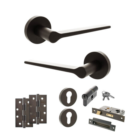 Senza Pari Laviano Door Handle Pack (Euro Lock Set - 2.5" CE Sashlock, 4" Slim Knuckle Hinges x2) - Urban Dark Bronze