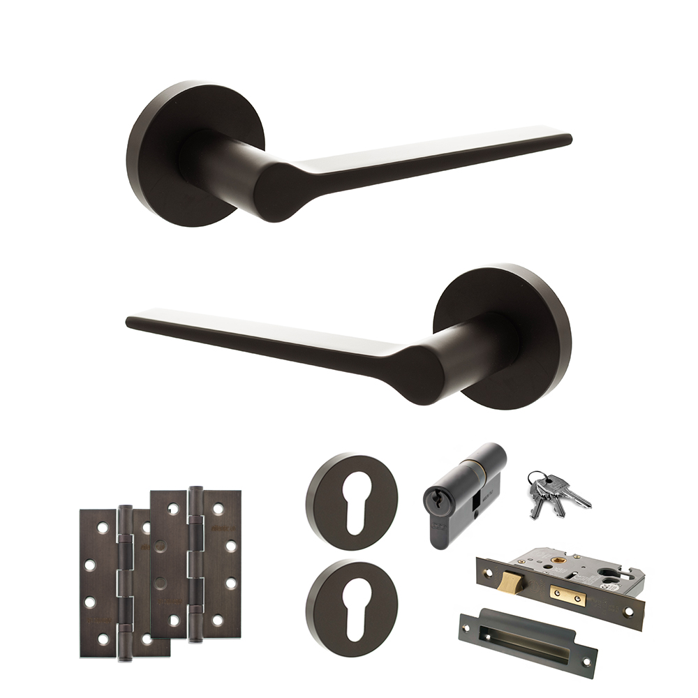 ADPSPR180UDB25_SENZA20PARI20LAVIANO20URBAN20DARK20BRONZE.jpg Atlantic Senza Pari Laviano Door Handle Pack (Euro Lock Set - 3" CE Sashlock, 4" Slim Knuckle Hinges x2) - Urban Dark Bronze - Image 1