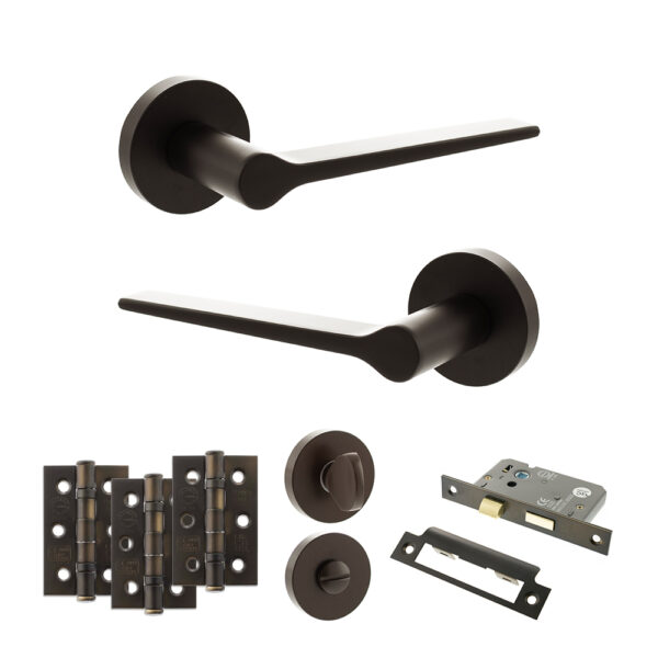Atlantic Senza Pari Laviano Door Handle Pack (Bathroom Set - 2.5" CE Bathroom Lock, 3" Fire Rated Hinges x3) - Urban Dark Bronze