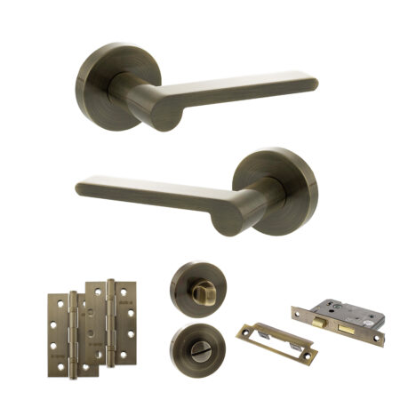 Atlantic Senza Pari Darrio Door Handle Pack (Bathroom Set - 2.5" CE Bathroom Lock, 4" Slim Knuckle Hinges x2) - Antique Brass