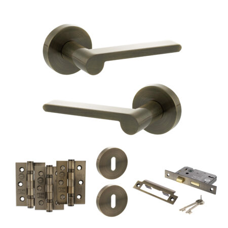 Atlantic Senza Pari Darrio Door Handle Pack (3 Lever Lock Set - 3" CE Sashlock, 3" Fire Rated Hinges x3) - Antique Brass