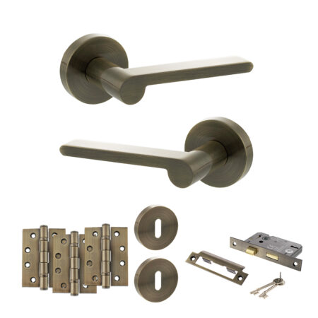 Atlantic Senza Pari Darrio Door Handle Pack (3 Lever Lock Set - 3" CE Sashlock, 4" Fire Rated Hinges x3) - Antique Brass