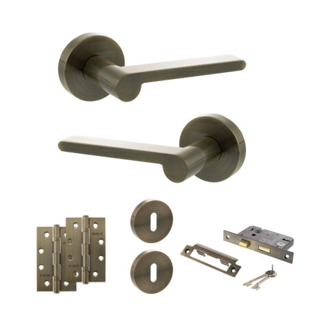 Atlantic Senza Pari Darrio Door Handle Pack (3 Lever Lock Set - 2.5" CE Sashlock, 4" Slim Knuckle Hinges x2) - Antique Brass