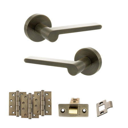 Atlantic Senza Pari Darrio Door Handle Pack (Latch Set - 2.5" CE Latch, 4" Fire Rated Hinges x3) - Antique Brass
