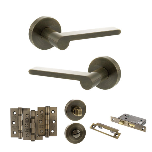 Senza Pari Darrio Door Handle Pack (Bathroom Set - 2.5" CE Bathroom Lock, 3" Fire Rated Hinges x3) - Antique Brass