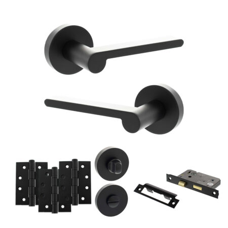 Senza Pari Darrio Door Handle Pack (Bathroom Set - 2.5" CE Bathroom Lock, 4" Fire Rated Hinges x3) - Matt Black