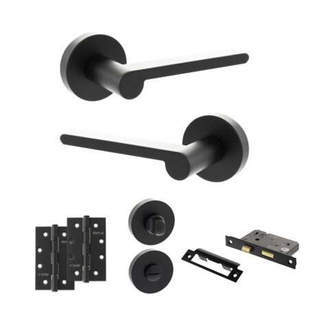 Senza Pari Darrio Door Handle Pack (Bathroom Set - 2.5" CE Bathroom Lock, 4" Slim Knuckle Hinges x2) - Matt Black