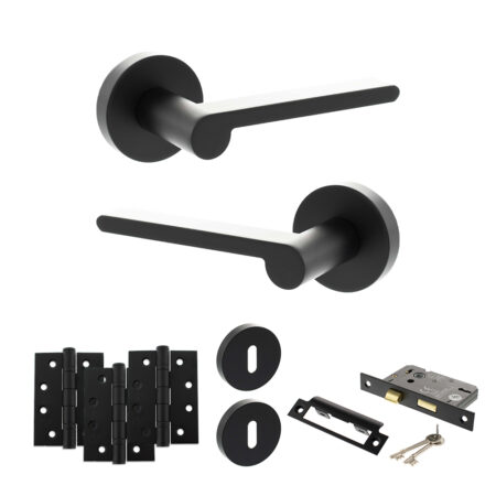Senza Pari Darrio Door Handle Pack (3 Lever Lock Set - 2.5" CE Sashlock, 4" Fire Rated Hinges x3) - Matt Black