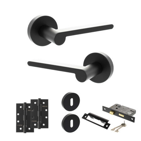 Senza Pari Darrio Door Handle Pack (3 Lever Lock Set - 2.5" CE Sashlock, 4" Slim Knuckle Hinges x2) - Matt Black