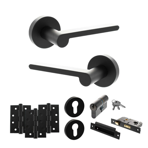 Senza Pari Darrio Door Handle Pack (Euro Lock Set - 2.5" CE Sashlock, 4" Fire Rated Hinges x3) - Matt Black