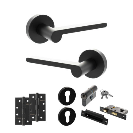 Atlantic Senza Pari Darrio Door Handle Pack (Euro Lock Set - 2.5" CE Sashlock, 4" Slim Knuckle Hinges x2) - Matt Black