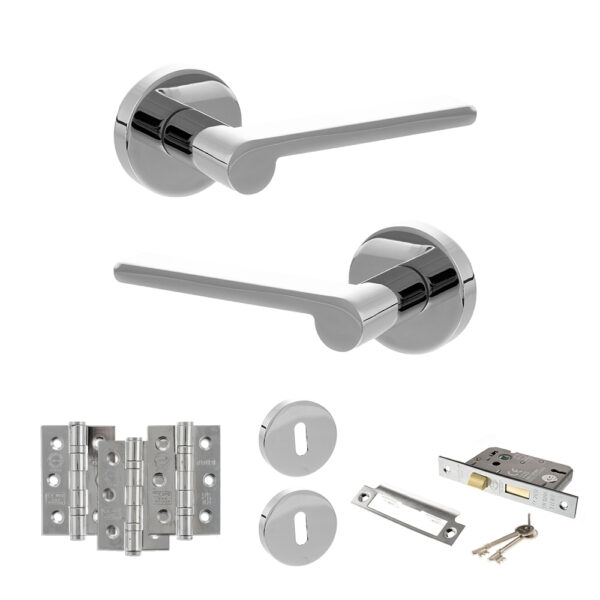Senza Pari Darrio Door Handle Pack (3 Lever Lock Set - 2.5" CE Sashlock, 3" Fire Rated Hinges x3) - Polished Chrome