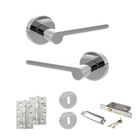 Senza Pari Darrio Door Handle Pack (3 Lever Lock Set - 2.5" CE Sashlock, 4" Slim Knuckle Hinges x2) - Polished Chrome