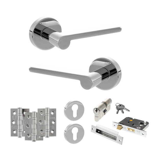 Senza Pari Darrio Door Handle Pack (Euro Lock Set - 3" CE Sashlock, 3" Fire Rated Hinges x3) - Polished Chrome