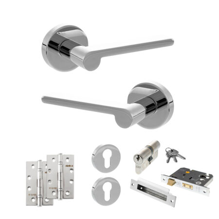 Atlantic Senza Pari Darrio Door Handle Pack (Euro Lock Set - 2.5" CE Sashlock, 4" Slim Knuckle Hinges x2) - Polished Chrome