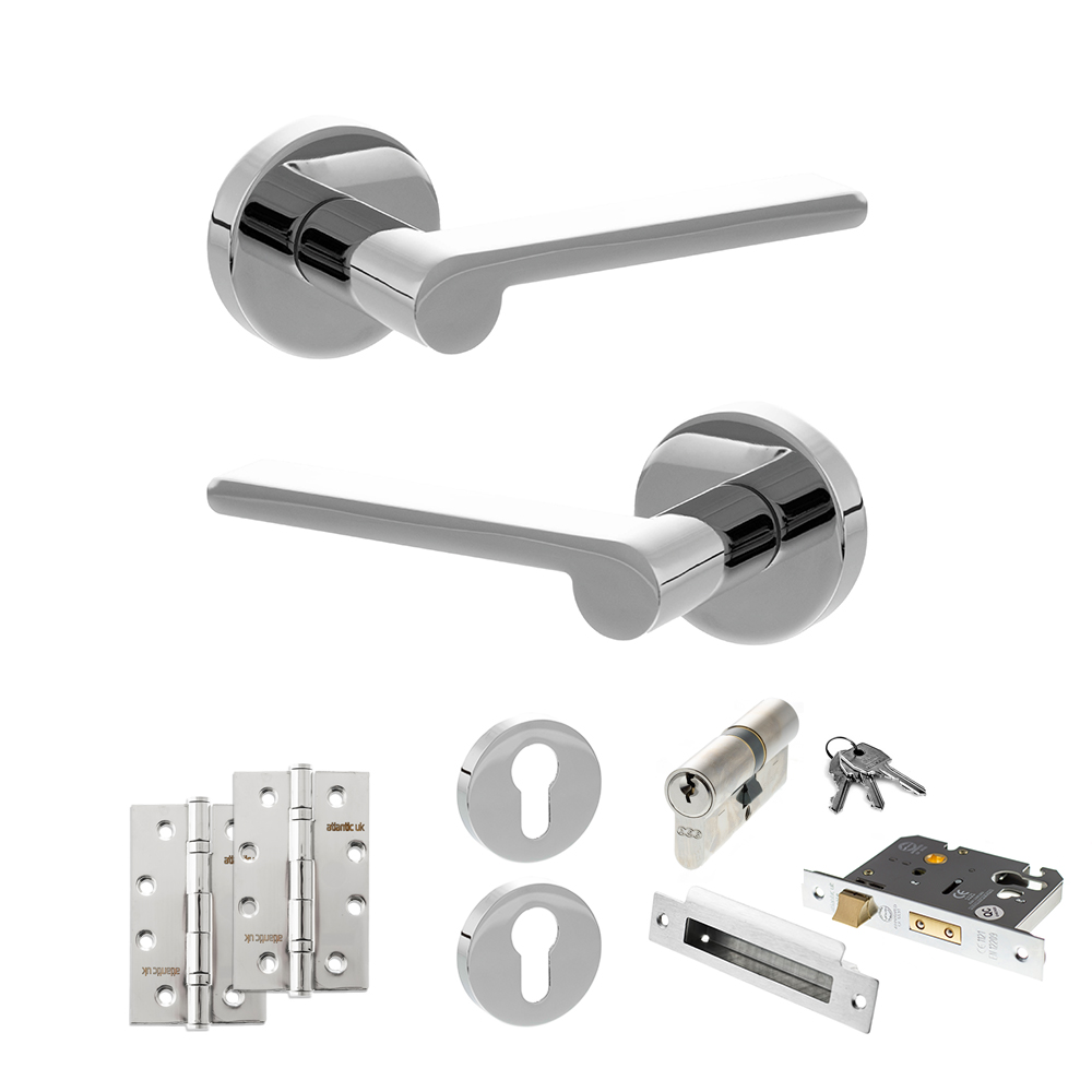 ADPSPRO218PC24_SENZA20PARI20DARRIO20POLISHED20CHROME.jpg Atlantic Senza Pari Darrio Door Handle Pack (Euro Lock Set - 2.5" CE Sashlock, 4" Slim Knuckle Hinges x2) - Polished Chrome - Image 1