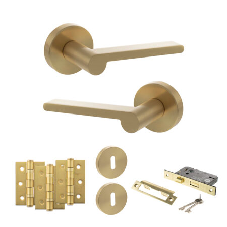 Senza Pari Darrio Door Handle Pack (3 Lever Lock Set - 2.5" CE Sashlock, 3" Fire Rated Hinges x3) - Satin Brass