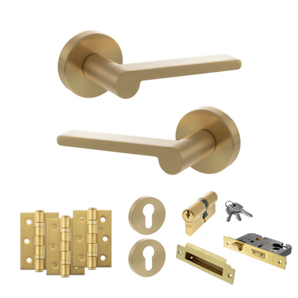 Senza Pari Darrio Door Handle Pack (Euro Lock Set - 3" CE Sashlock, 3" Fire Rated Hinges x3) - Satin Brass
