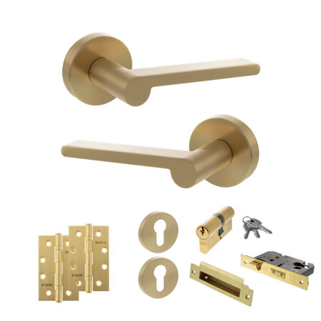 Senza Pari Darrio Door Handle Pack (Euro Lock Set - 2.5" CE Sashlock, 4" Slim Knuckle Hinges x2) - Satin Brass