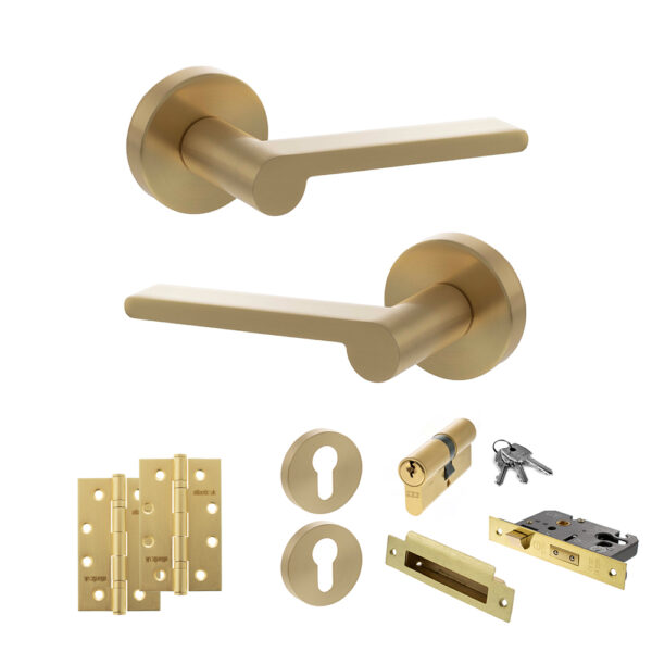 Senza Pari Darrio Door Handle Pack (Euro Lock Set - 2.5" CE Sashlock, 4" Slim Knuckle Hinges x2) - Satin Brass