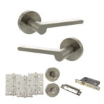 Senza Pari Darrio Door Handle Pack (Bathroom Set - 3" CE Bathroom Lock, 4" Fire Rated Hinges x3) - Satin Nickel