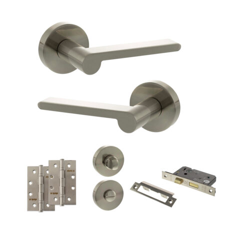 Senza Pari Darrio Door Handle Pack (Bathroom Set - 2.5" CE Bathroom Lock, 4" Slim Knuckle Hinges x2) - Satin Nickel