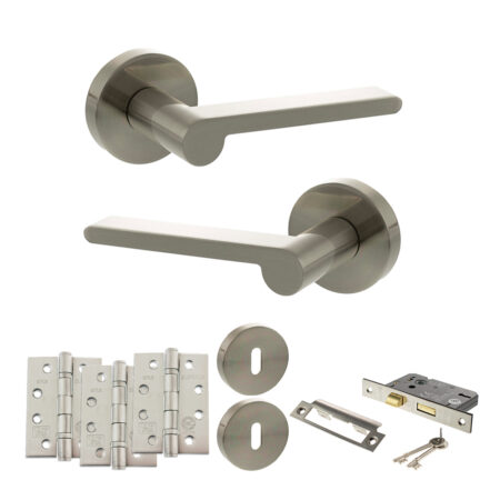 Senza Pari Darrio Door Handle Pack (3 Lever Lock Set - 2.5" CE Sashlock, 4" Fire Rated Hinges x3) - Satin Nickel