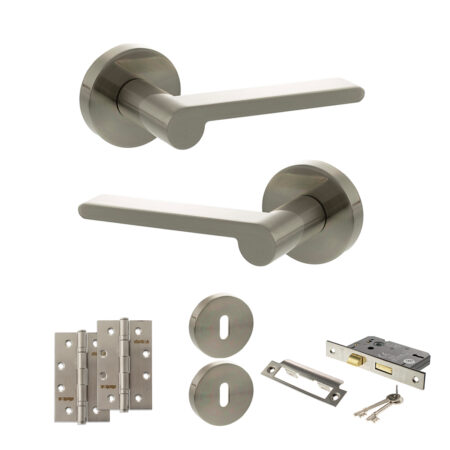 Senza Pari Darrio Door Handle Pack (3 Lever Lock Set - 2.5" CE Sashlock, 4" Slim Knuckle Hinges x2) - Satin Nickel