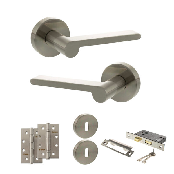 Senza Pari Darrio Door Handle Pack (3 Lever Lock Set - 2.5" CE Sashlock, 4" Slim Knuckle Hinges x2) - Satin Nickel