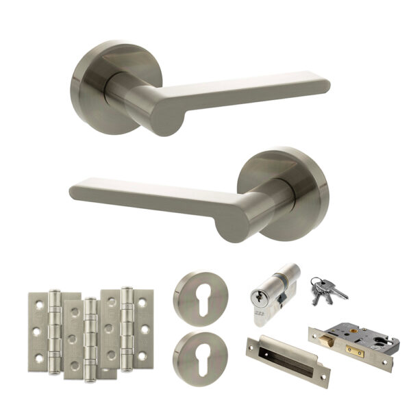 Senza Pari Darrio Door Handle Pack (Euro Lock Set - 3" CE Sashlock, 3" Fire Rated Hinges x3) - Satin Nickel