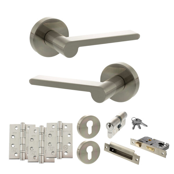 Senza Pari Darrio Door Handle Pack (Euro Lock Set - 2.5" CE Sashlock, 4" Fire Rated Hinges x3) - Satin Nickel