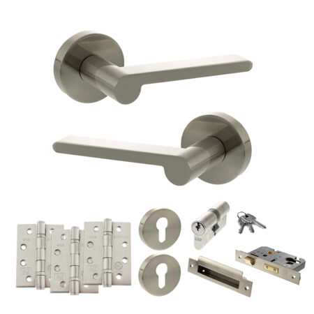 Senza Pari Darrio Door Handle Pack (Euro Lock Set - 3" CE Sashlock, 4" Fire Rated Hinges x3) - Satin Nickel